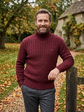 Quality Brand Men’s XL Burgundy Cable Knit Turtleneck Sweater Pullover